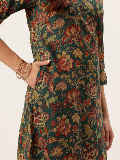 Green Floral Printed Pure Cotton Kurta with Trousers & Dupatta, green kurta set, Kurta with Trousers & Dupatta, printed kurta set, green dress
