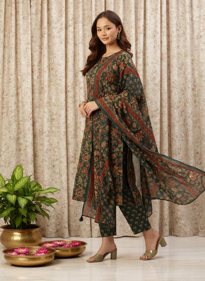 Green Floral Printed Pure Cotton Kurta with Trousers & Dupatta, green kurta set, Kurta with Trousers & Dupatta, printed kurta set, green dress