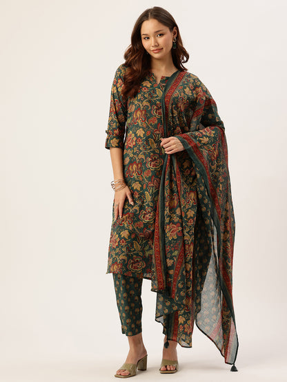 Green Floral Printed Pure Cotton Kurta with Trousers & Dupatta