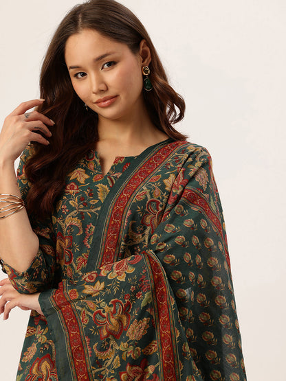 Green Floral Printed Pure Cotton Kurta with Trousers & Dupatta, green kurta set, Kurta with Trousers & Dupatta, printed kurta set, green dress