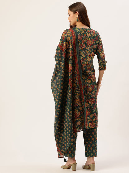 Green Floral Printed Pure Cotton Kurta with Trousers & Dupatta, green kurta set, Kurta with Trousers & Dupatta, printed kurta set, green dress