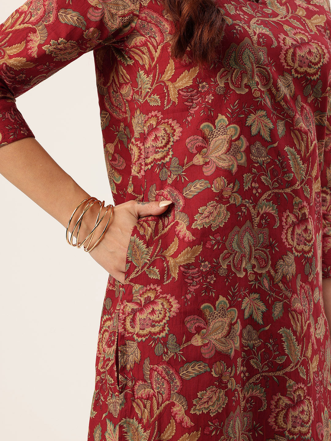 Red Floral Printed Pure Cotton Kurta with Trousers & Dupatta, Kurta set, red kurta set , red dress, Kurta with Trousers & Dupatta