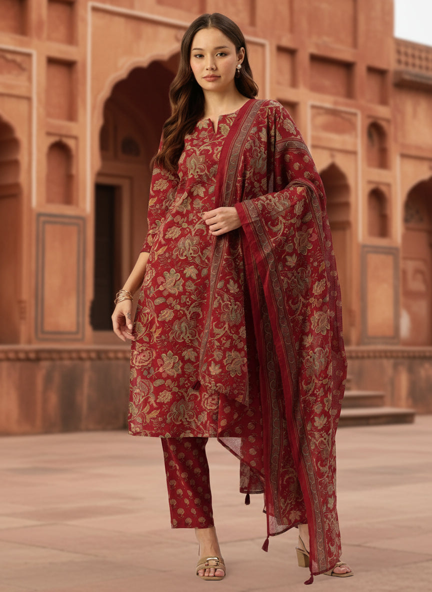 Red Floral Printed Pure Cotton Kurta with Trousers & Dupatta