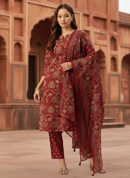 Red Floral Printed Pure Cotton Kurta with Trousers & Dupatta
