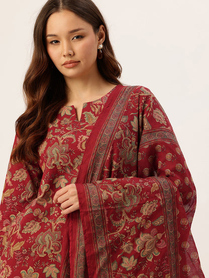 Red Floral Printed Pure Cotton Kurta with Trousers & Dupatta, Kurta set, red kurta set , red dress, Kurta with Trousers & Dupatta