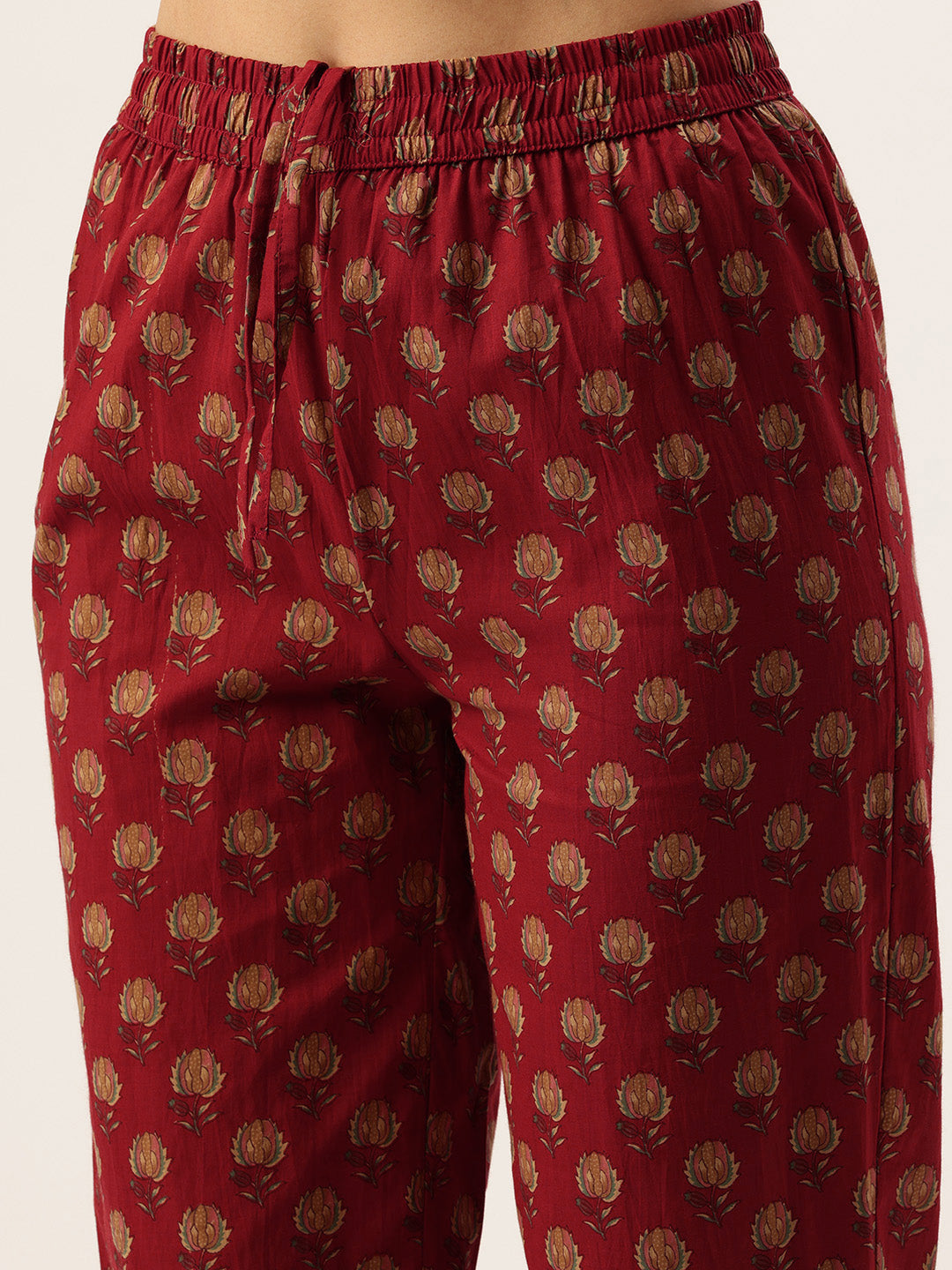 Red Floral Printed Pure Cotton Kurta with Trousers & Dupatta, Kurta set, red kurta set , red dress, Kurta with Trousers & Dupatta