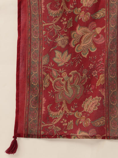 Red Floral Printed Pure Cotton Kurta with Trousers & Dupatta, Kurta set, red kurta set , red dress, Kurta with Trousers & Dupatta