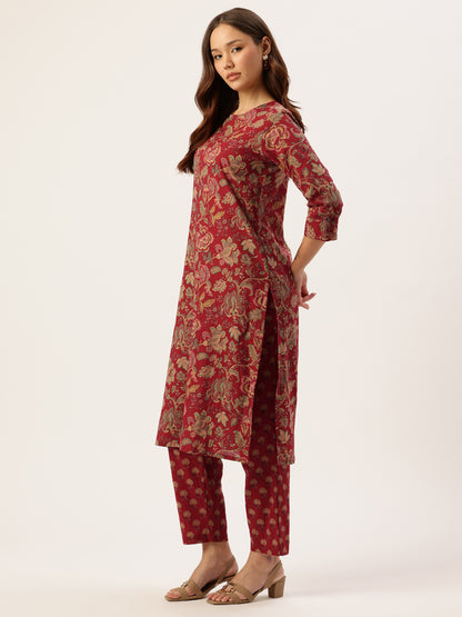 Red Floral Printed Pure Cotton Kurta with Trousers & Dupatta, Kurta set, red kurta set , red dress, Kurta with Trousers & Dupatta
