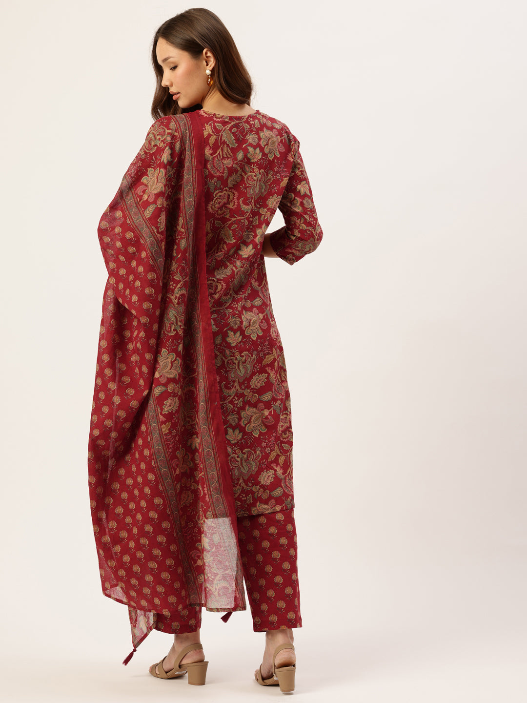 Red Floral Printed Pure Cotton Kurta with Trousers & Dupatta, Kurta set, red kurta set , red dress, Kurta with Trousers & Dupatta