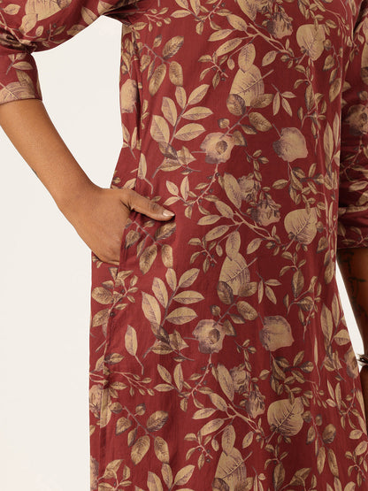 Red Floral Printed Pure Cotton Kurta with Trousers & Dupatta