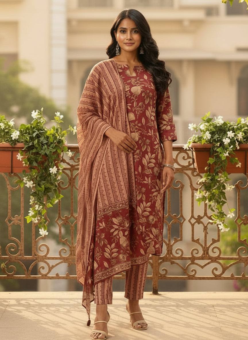 Red Floral Printed Pure Cotton Kurta with Trousers & Dupatta
