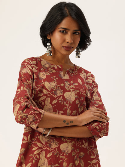 Red Floral Printed Pure Cotton Kurta with Trousers & Dupatta