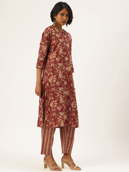 Red Floral Printed Pure Cotton Kurta with Trousers & Dupatta