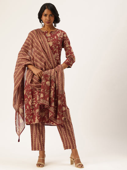 Red Floral Printed Pure Cotton Kurta with Trousers & Dupatta