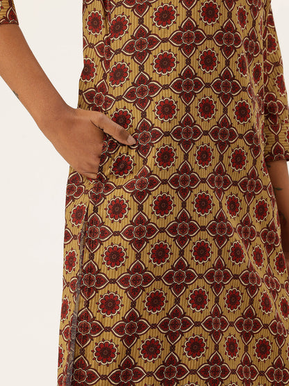 Mustard Ethnic Motifs Printed Pure Cotton Kurta with Trousers & Dupatta, green kurta set, Kurta with Trousers & Dupatta, printed kurta set, green dress, Kurta Set, Printed kurta set, Three piece set