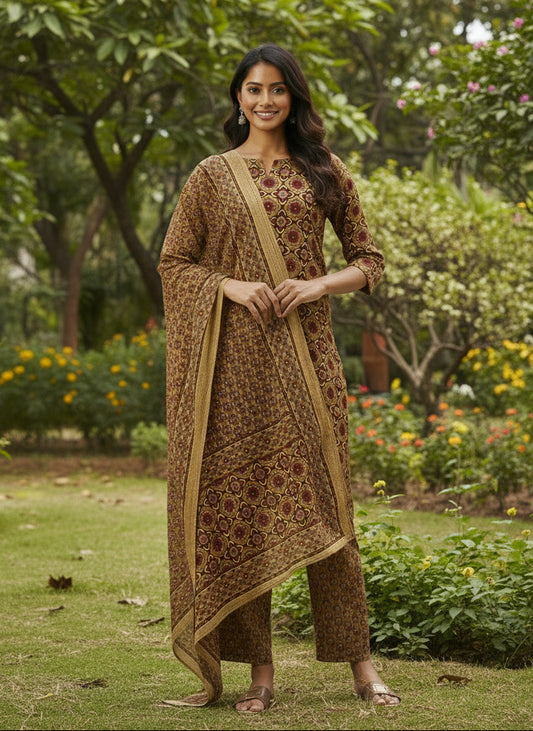 Mustard Ethnic motifs Printed Pure Cotton Kurta with Trousers & Dupatta