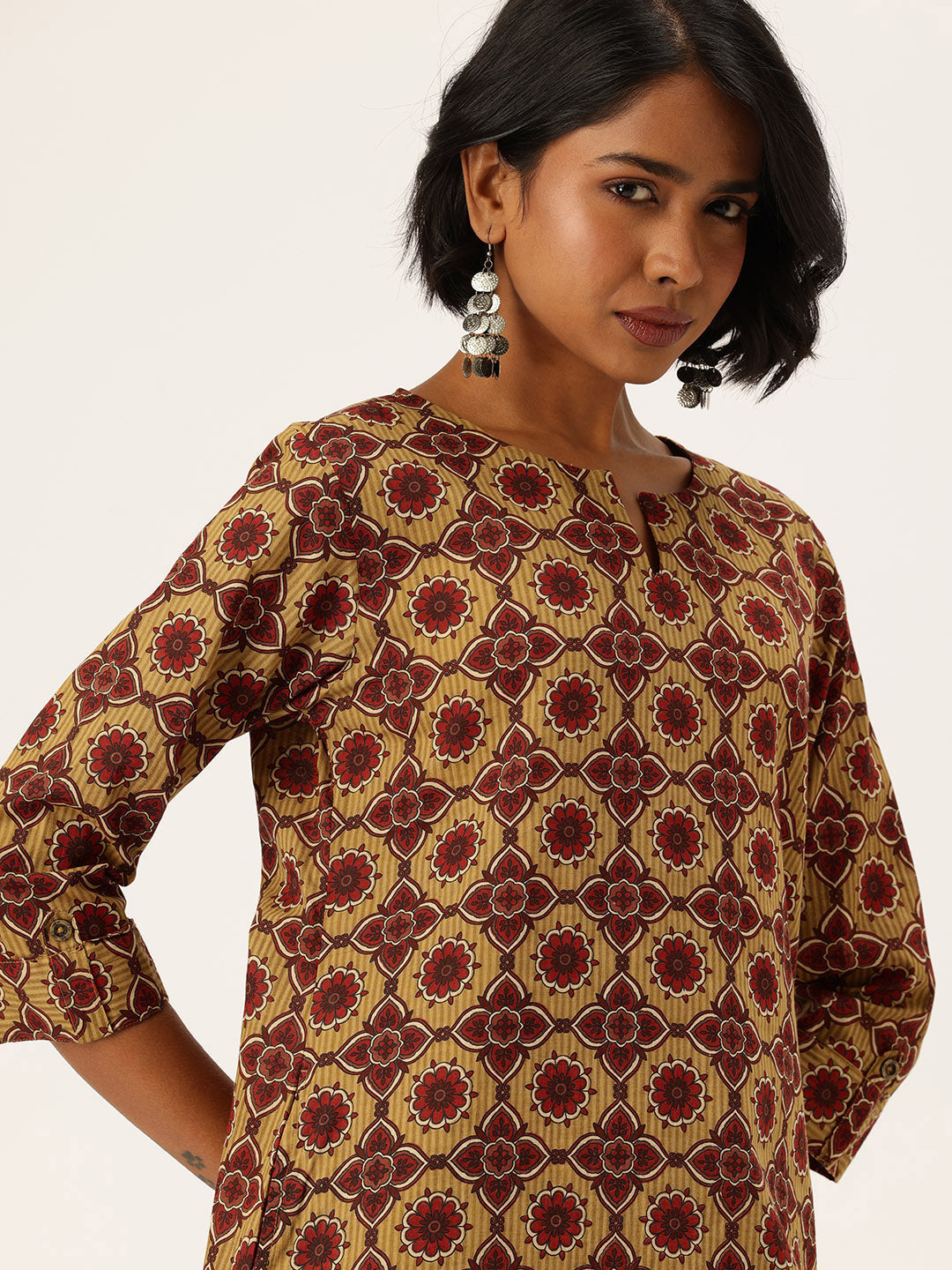Mustard Ethnic Motifs Printed Pure Cotton Kurta with Trousers & Dupatta, green kurta set, Kurta with Trousers & Dupatta, printed kurta set, green dress, Kurta Set, Printed kurta set, Three piece set