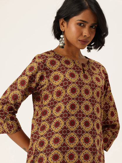 Mustard Ethnic Motifs Printed Pure Cotton Kurta with Trousers & Dupatta, green kurta set, Kurta with Trousers & Dupatta, printed kurta set, green dress, Kurta Set, Printed kurta set, Three piece set