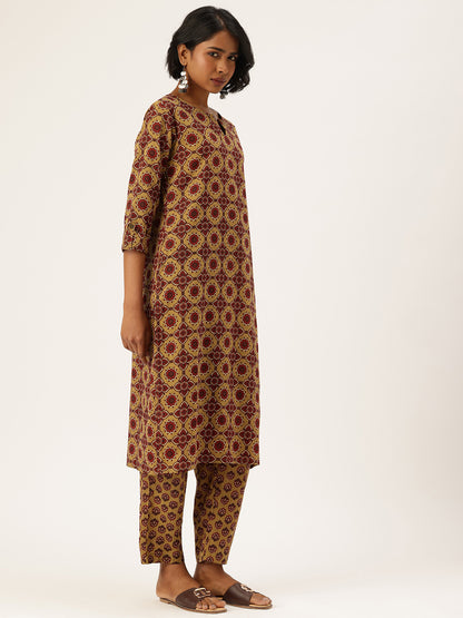Mustard Ethnic Motifs Printed Pure Cotton Kurta with Trousers & Dupatta, green kurta set, Kurta with Trousers & Dupatta, printed kurta set, green dress, Kurta Set, Printed kurta set, Three piece set