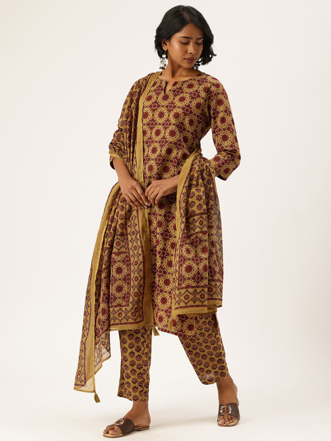 Mustard Ethnic Motifs Printed Pure Cotton Kurta with Trousers & Dupatta, green kurta set, Kurta with Trousers & Dupatta, printed kurta set, green dress, Kurta Set, Printed kurta set, Three piece set