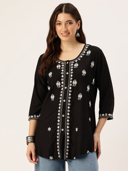 Black Floral Embroidered Tunic