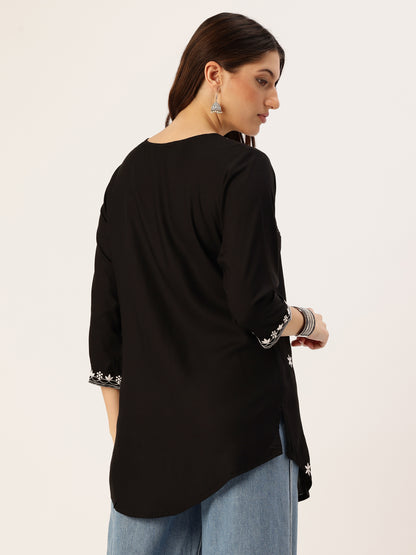 Black Floral Embroidered Tunic