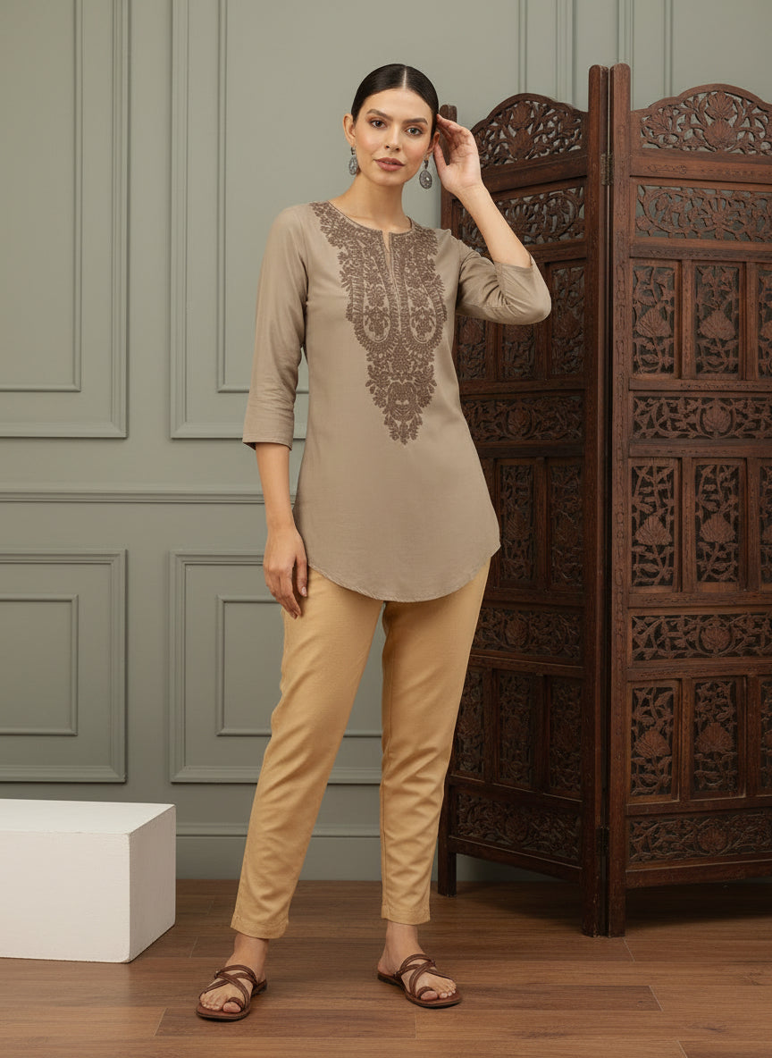 Almond Embroidered Ethnic Tunic