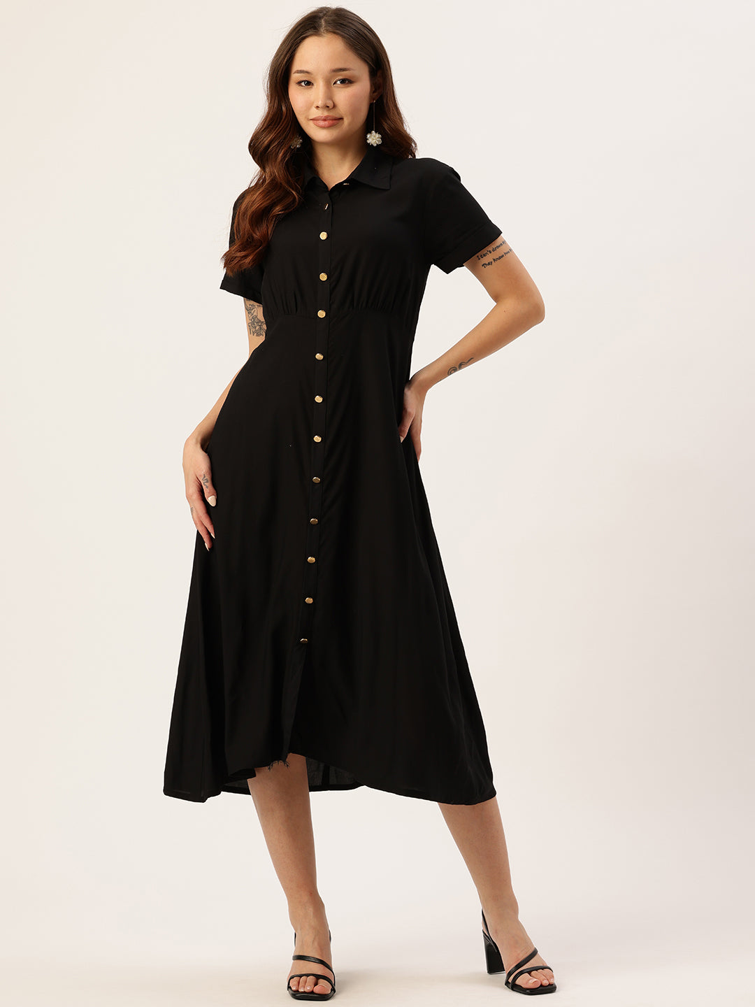 Black Shirt Collar A-Line Midi Dress, Solid Dress, Plain dress, midi dress, black dress, black