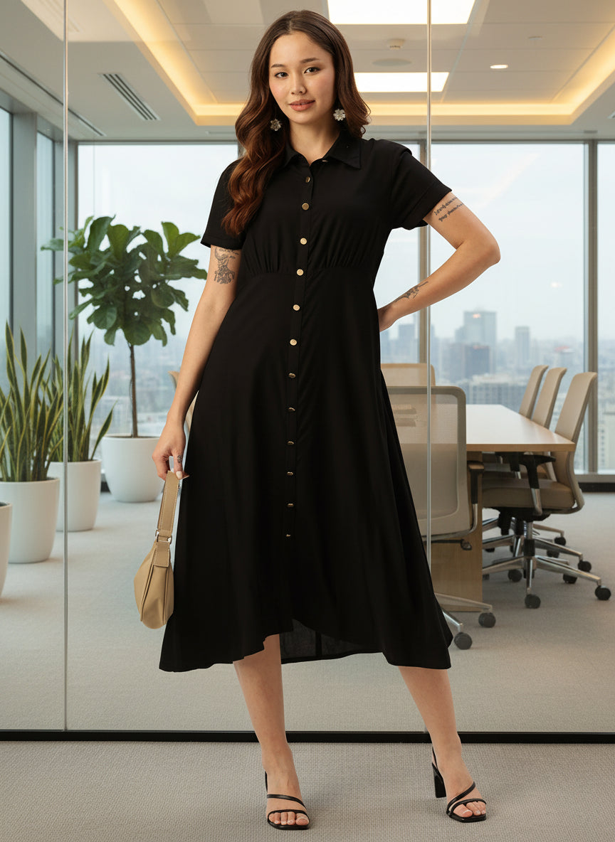 Black Shirt Collar A-Line Midi Dress, Solid Dress, Plain dress, midi dress, black dress, black