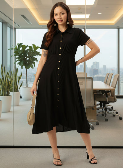 Black Shirt Collar A-Line Midi Dress, Solid Dress, Plain dress, midi dress, black dress, black