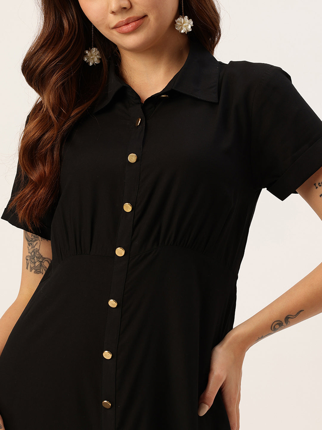 Black Shirt Collar A-Line Midi Dress, Solid Dress, Plain dress, midi dress, black dress, black