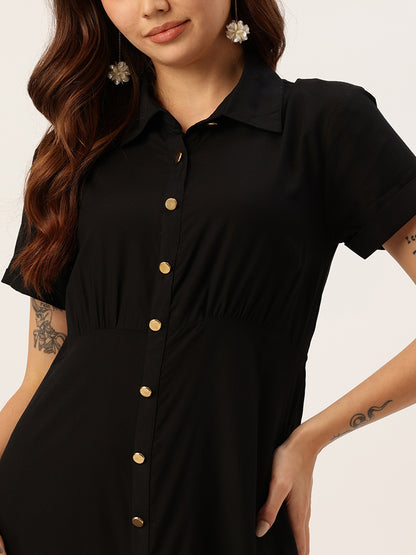 Black Shirt Collar A-Line Midi Dress, Solid Dress, Plain dress, midi dress, black dress, black