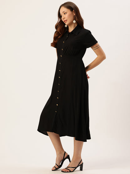 Black Shirt Collar A-Line Midi Dress, Solid Dress, Plain dress, midi dress, black dress, black