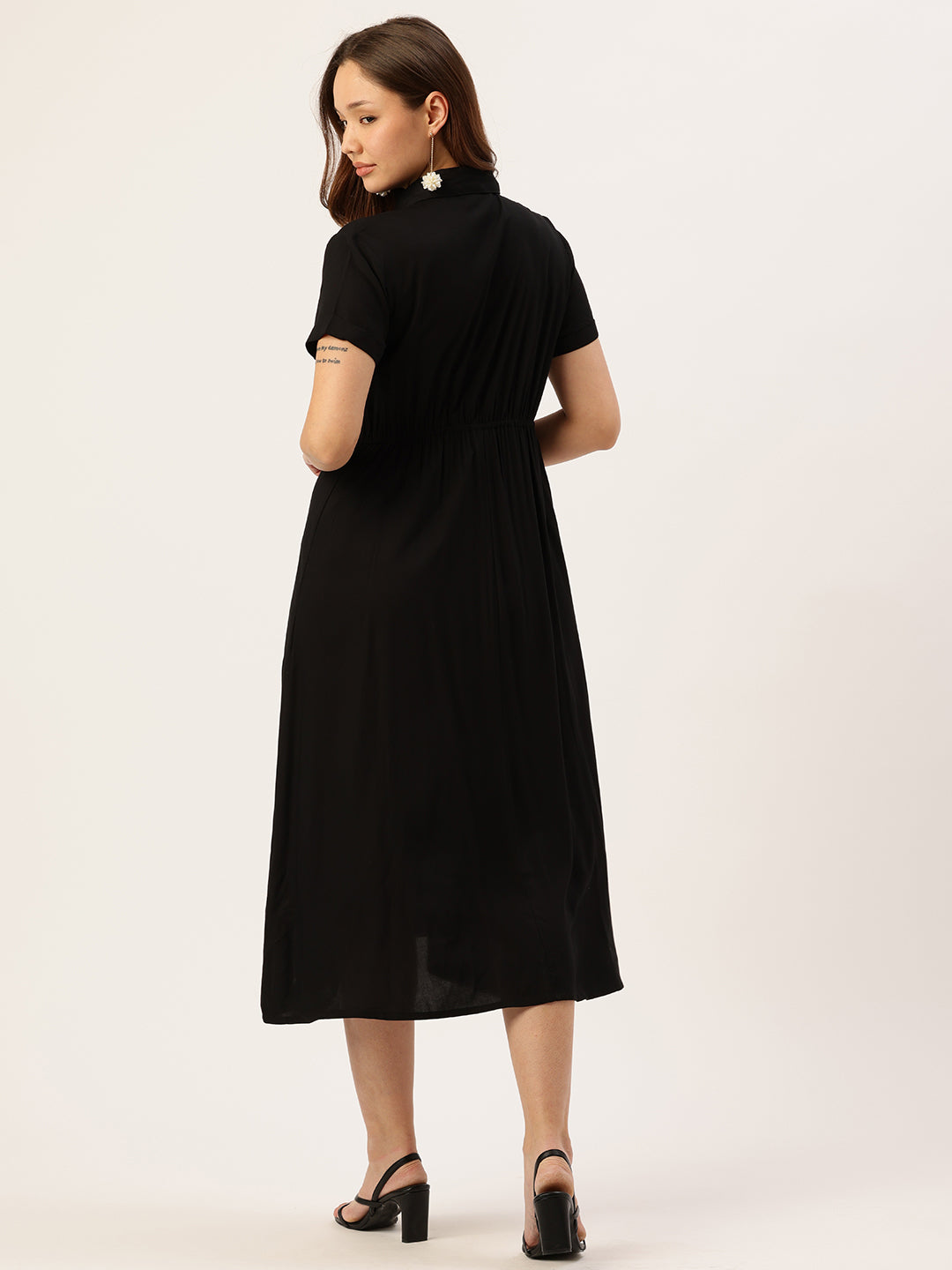 Black Shirt Collar A-Line Midi Dress, Solid Dress, Plain dress, midi dress, black dress, black