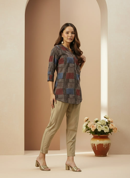 Black Geometric Printed Mandarin Collar Tunic, short kurta, printed short kurta