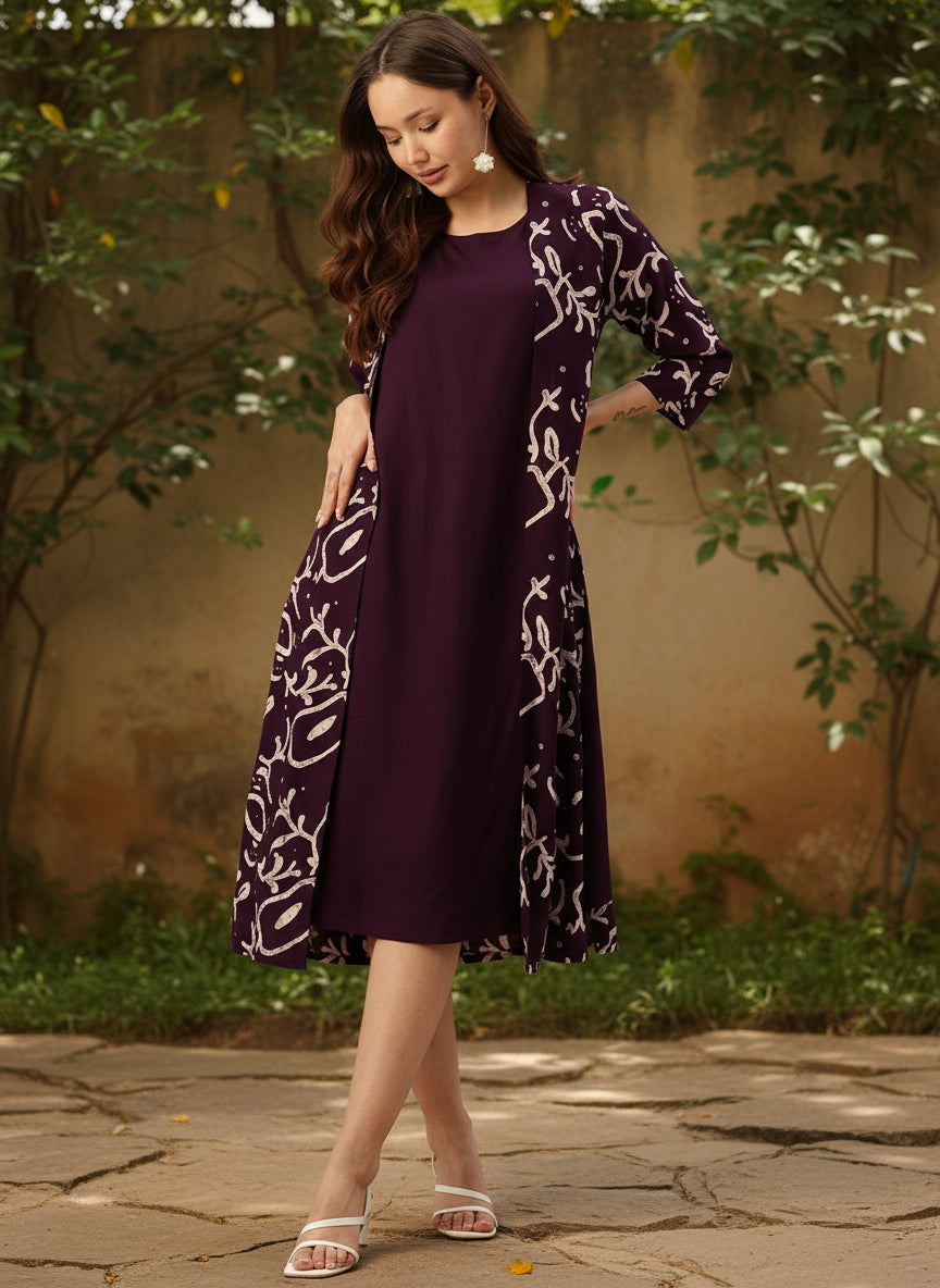 Wine Round Neck A-Line Midi Dress With Shrug, Dress, Dress With Shrug, wine dress, printed dress
