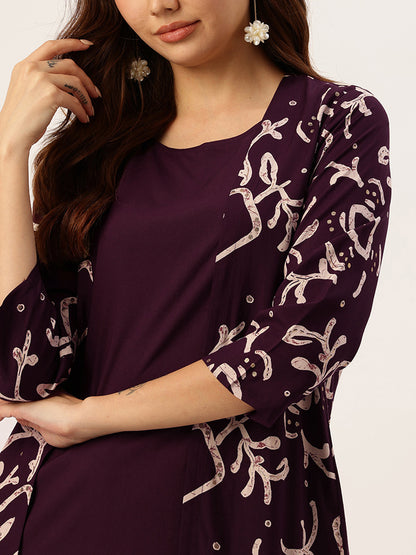 Wine Round Neck A-Line Midi Dress With Shrug, Dress, Dress With Shrug, wine dress, printed dress
