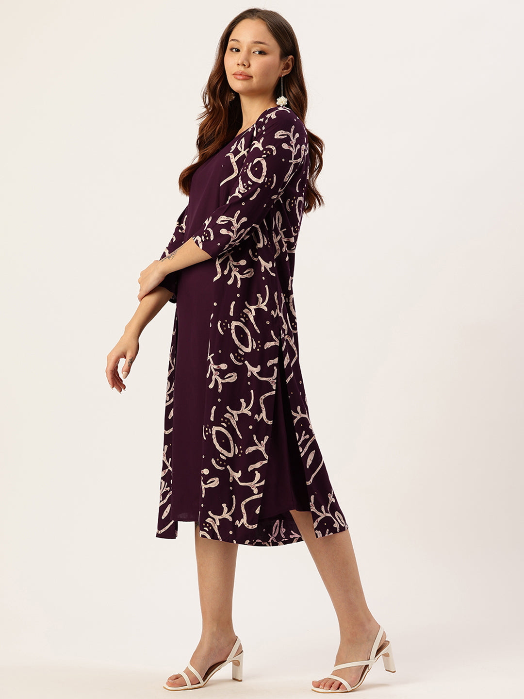 Wine Round Neck A-Line Midi Dress With Shrug, Dress, Dress With Shrug, wine dress, printed dress