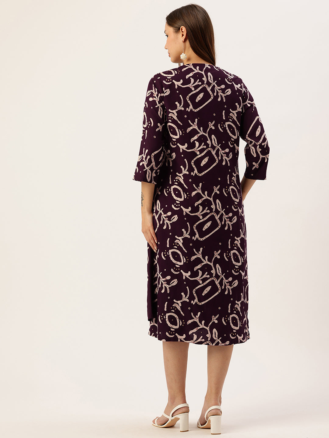 Wine Round Neck A-Line Midi Dress With Shrug, Dress, Dress With Shrug, wine dress, printed dress