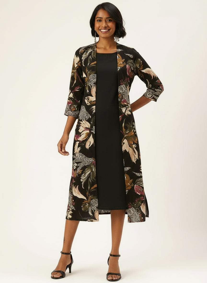 Black Round Neck A-Line Midi Dress With Shrug, midi dress, dress with shrug, two piece outfit, women’s western wear, party wear dress, casual wear dress