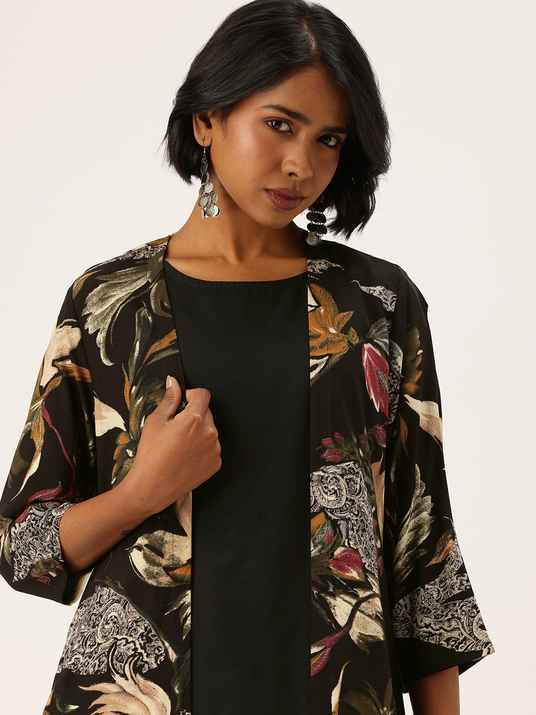 Black Round Neck A-Line Midi Dress With Shrug Amukti - The Women's Ethnic Fashion Store Black Round Neck A-Line Midi Dress With Shrug Amukti - The Women's Ethnic Fashion Store