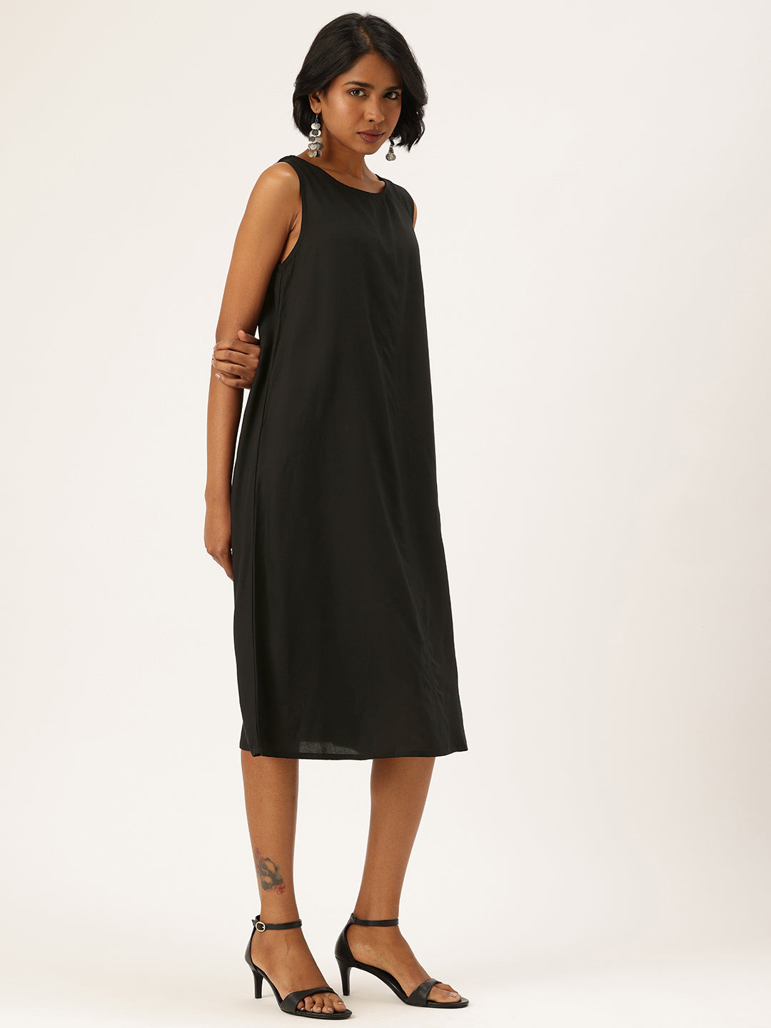 Black Round Neck A-Line Midi Dress With Shrug, midi dress, dress with shrug, two piece outfit, women’s western wear, party wear dress, casual wear dress