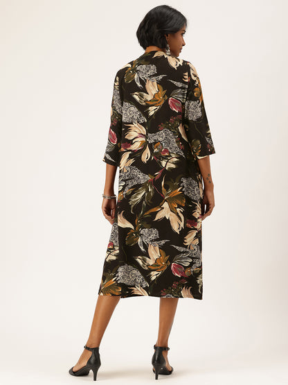 Black Round Neck A-Line Midi Dress With Shrug, midi dress, dress with shrug, two piece outfit, women’s western wear, party wear dress, casual wear dress