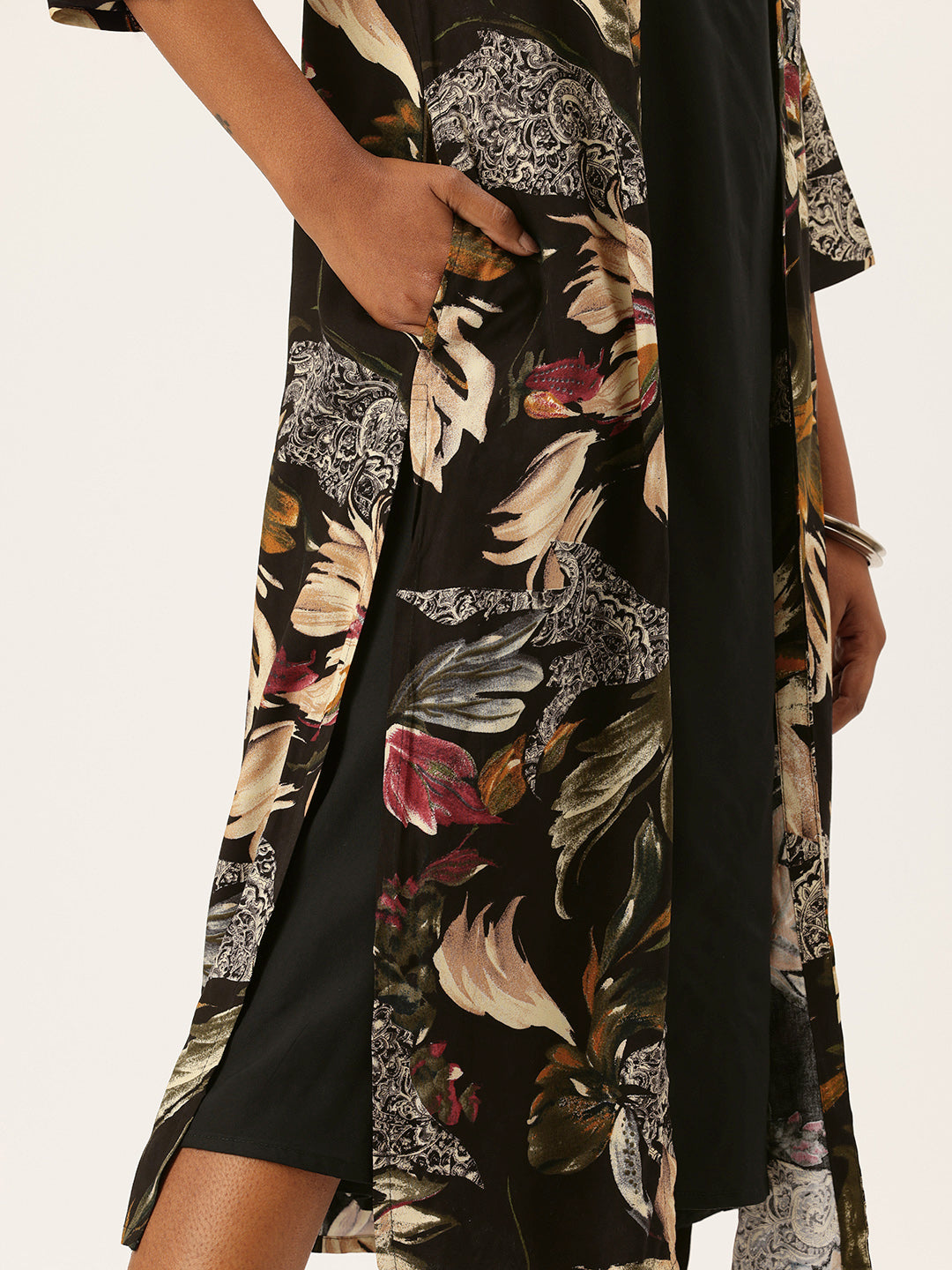 Black Round Neck A-Line Midi Dress With Shrug, midi dress, dress with shrug, two piece outfit, women’s western wear, party wear dress, casual wear dress