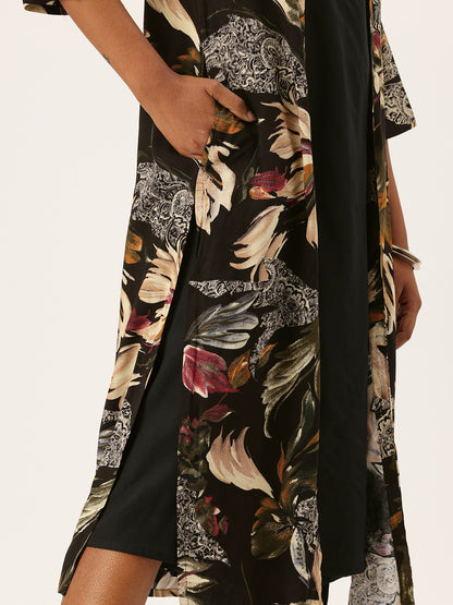 Black Round Neck A-Line Midi Dress With Shrug, midi dress, dress with shrug, two piece outfit, women’s western wear, party wear dress, casual wear dress