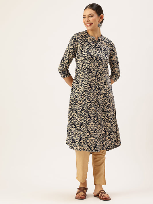 Navy Blue Floral Printed Kurta