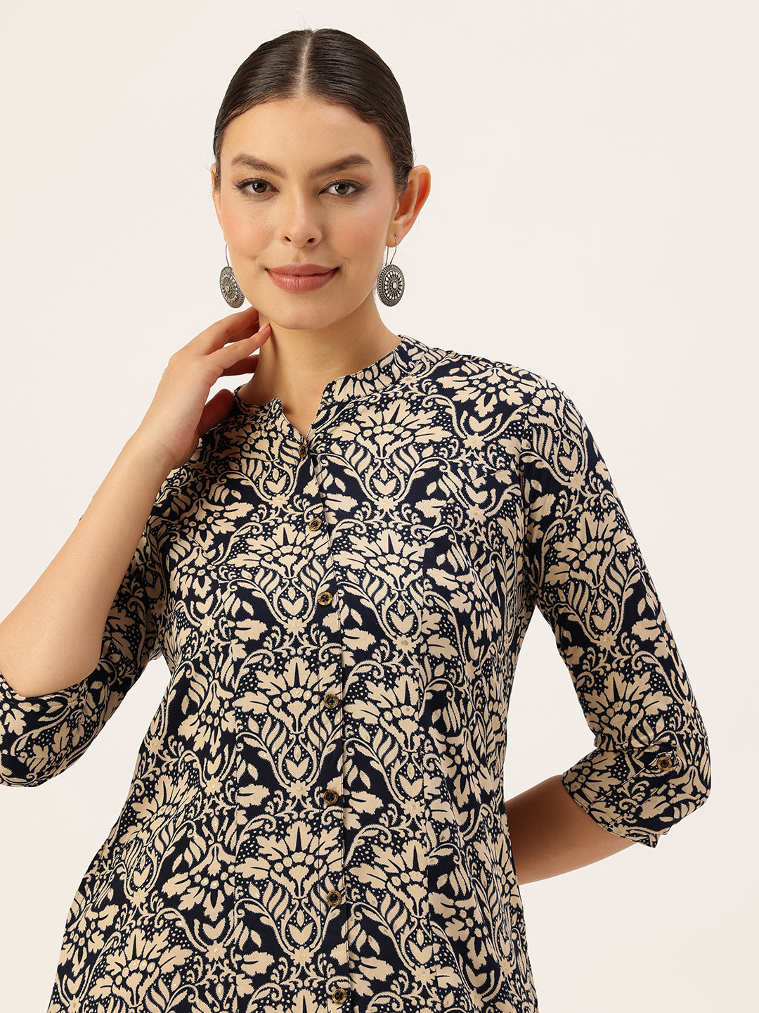 Navy Blue Floral Printed Kurta