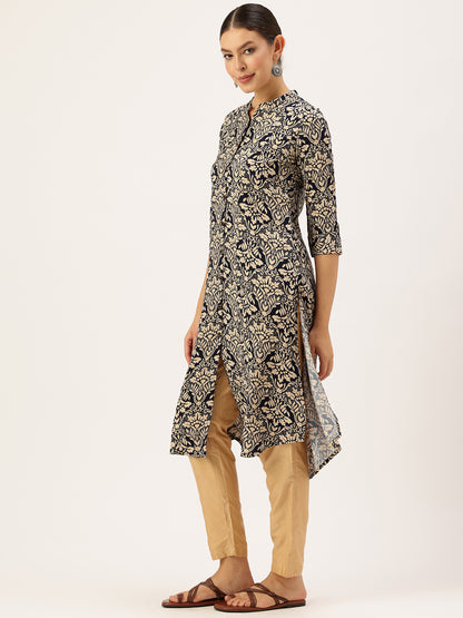 Navy Blue Floral Printed Kurta