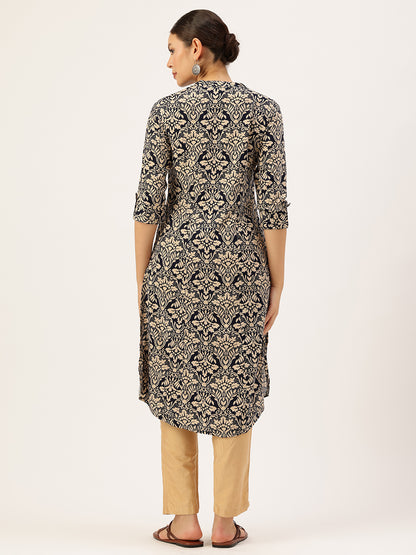 Navy Blue Floral Printed Kurta