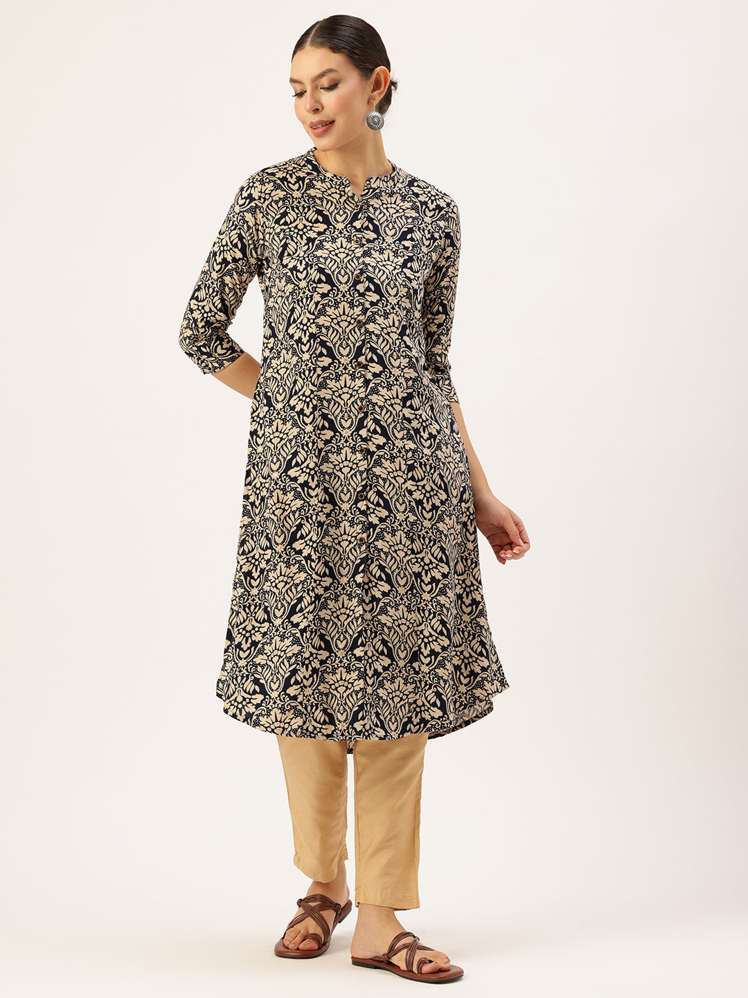Navy Blue Floral Printed Kurta